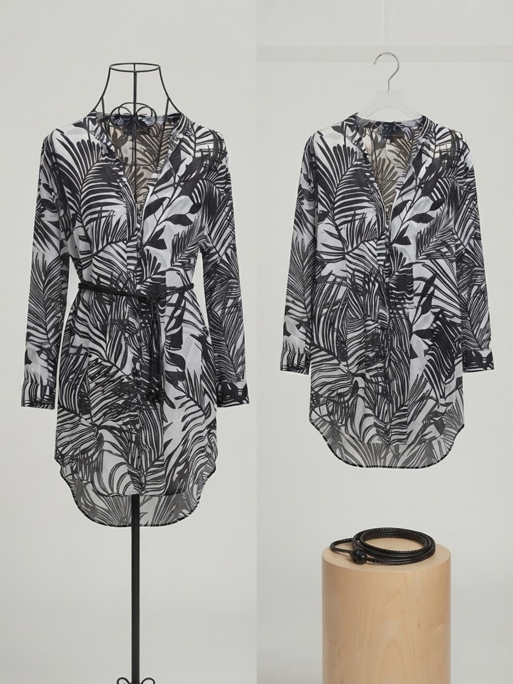 Black White Palm Leaf High Low Tunic Cotton Shirt XL